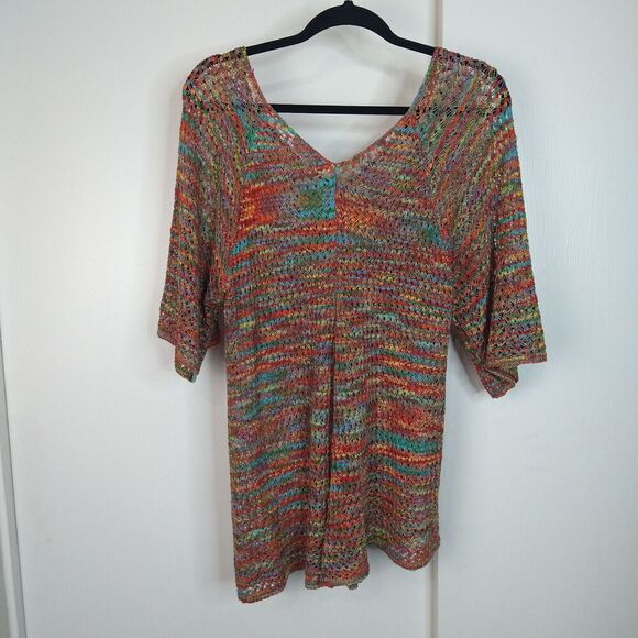 Fashion Avenue Open Knit Crochet V Neck Short Sleeve Cover-up Top Sz XL Rainbow - Picture 3 of 7